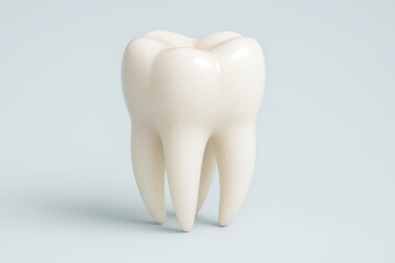 Photoreal 3D molar tooth with glossy enamel and subtle translucency on soft pastel blue background with clean shadow and medical clarity