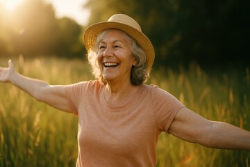 Joyful senior woman standing in a sunlit meadow with arms wide open smiling to the sky golden hour light and soft bokeh natural lifestyle photography