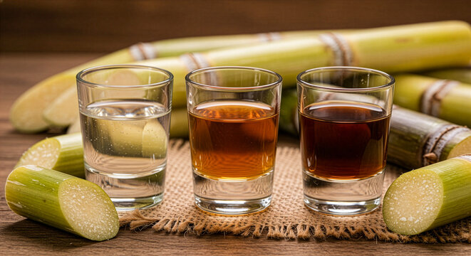 A close-up of three shots of cacha&ccedil;a on a rustic table with sugarcane stalks in the background. The shots show the different varieties unaged (branca), gold (ouro), and aged (envelhecida).