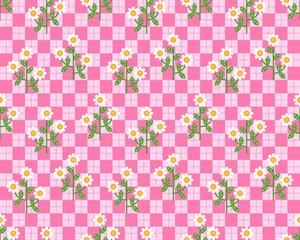 White flower seamless pattern with leaf and pink checkered background