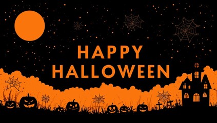 halloween-themed background with the text "happy halloween" in the style of vector art, with a cartoon, cute, and simple design using an orange color palette Generative AI