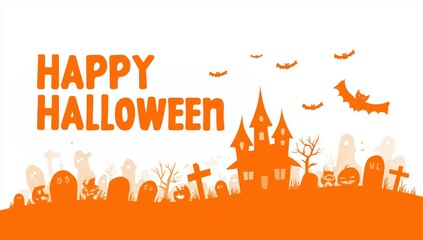 a halloween-themed background with the text "happy halloween" flat art cartoon bold outline isolated on a white background Generative AI