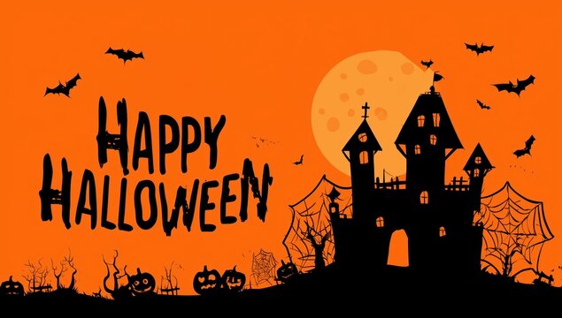a halloween background with the text "happy halloween" orange color and black silhouette pumpkins, spider webs a haunted castle in a cartoon flat style Generative AI