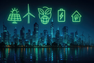 Eco-City of Tomorrow: A vibrant cityscape glows with neon outlines of renewable energy sources.