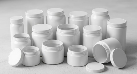 Group of assorted white plastic jars and bottles with lids, some open, arranged on a neutral surface.