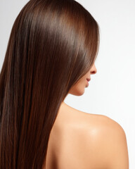 Fototapeta premium Close up of a glossy brunette hair strand with smooth, straight texture cascading down the back and shoulder, natural light highlighting shine and calm, elegant mood.