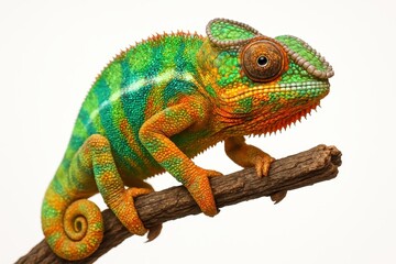 Obraz premium Vibrant chameleon perched on mossy branch with vivid scales and gemstone eyes isolated on pure white for striking animal portrait