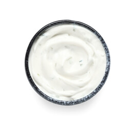 Bowl with tasty sour cream and chopped greens on white background, top view