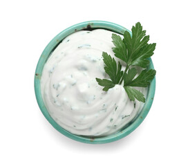 Bowl with tasty sour cream and fresh parsley on white background, top view
