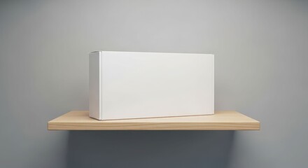 Blank white cardboard box resting on a light wooden shelf against a muted gray wall.