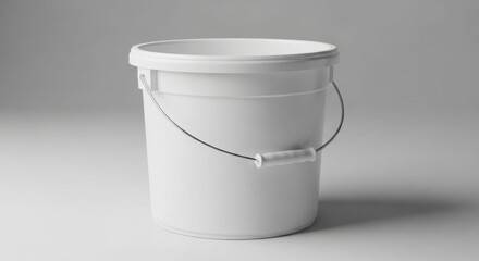 White plastic bucket with metal handle, studio shot.