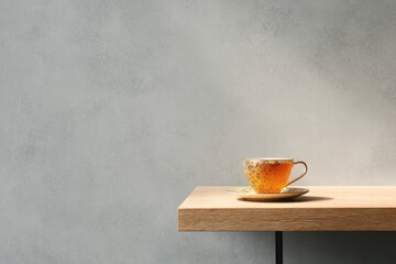 Tranquil Tea Time: A delicate teacup with golden brew rests elegantly on a wooden table, bathed in soft, natural light. This minimalist composition offers a sense of calm and simple pleasures.