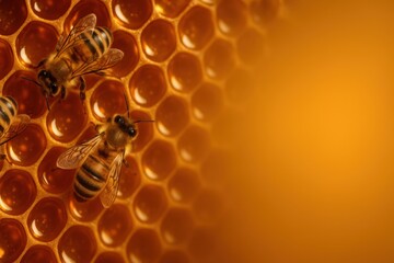 Warm macro view of honey bees tending glowing honeycomb filled with rich amber honey with soft backlight inviting copy space for natural food branding