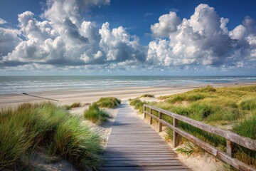 Scenic Wooden Boardwalk Leading To Sandy Beach Under Cloudy Sky