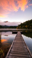 Sunrise over a serene lake with a wooden dock