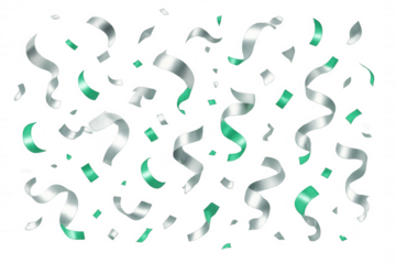 Silver and green confetti falling, metallic streamers celebrating birthdays, parties, and holidays on transparent background