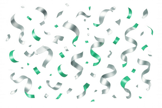Silver and green confetti falling, metallic streamers celebrating birthdays, parties, and holidays on transparent background