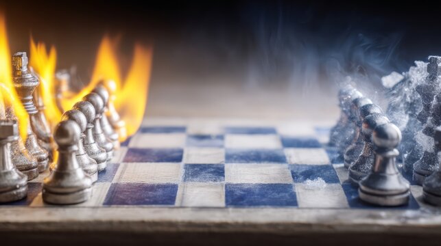 Chess Game of Fire and Ice with Flames and Smoke on Board