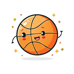 A cheerful cartoon basketball with a smiling face, arms raised, and sparkling effects.