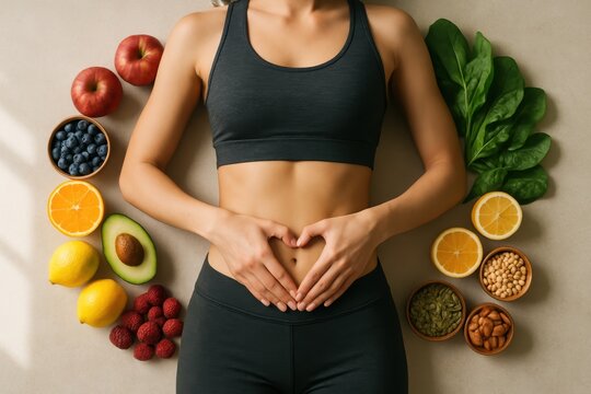 Fresh fruits and vegetables encircling woman forming a heart over her stomach symbol of gut health digestion wellness microbiome and balanced diet