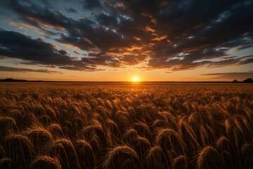 Golden wheat field with gentle wind at sunset under dramatic sky warm summer landscape with sun flare rural harvest season serenity panoramic atmosphere