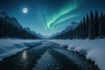 Moonlit alpine valley with snow laden fir trees glowing aurora curtains and a frozen river under a crystal clear sky tranquil winter night panorama