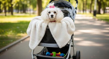 Adorable fluffy white poodle puppy wearing a pink bow sitting in a baby stroller enjoying a sunny day in the park surrounded by green trees