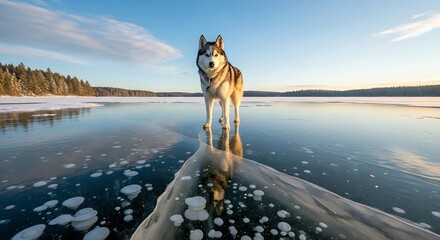 Majestic siberian husky standing proudly on a vast frozen lake reflecting the golden sunset sky with snow covered trees in the background