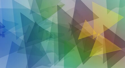Fototapeta premium Abstract geometric background with overlapping translucent triangles in a vibrant gradient of blue green yellow and brown creating a modern artistic pattern