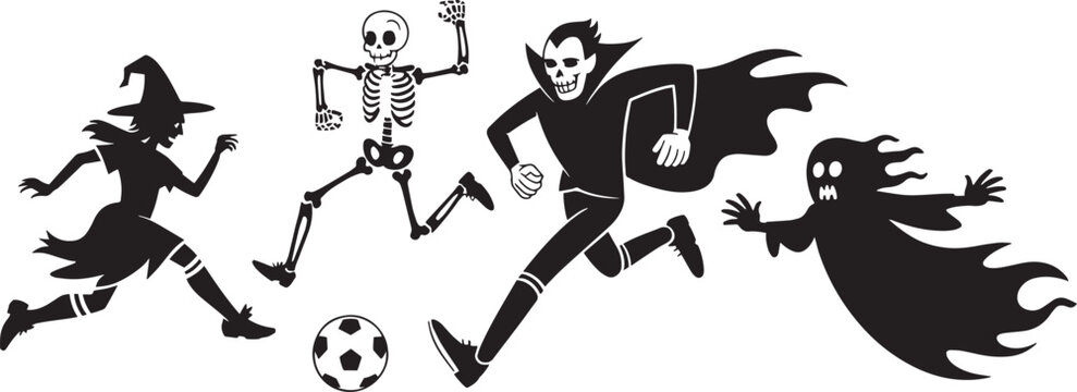 Halloween Soccer Team Witch, Vampire, Skeleton, Ghost Kicking Soccer Ball, Running on Transparent Background