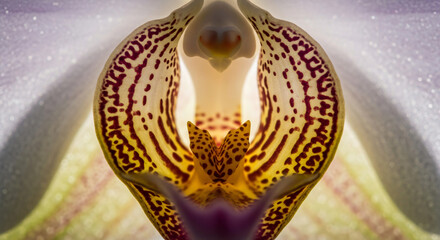 Obraz premium Extreme close-up macro photograph revealing the intricate details and delicate textures of a blooming orchid's inner petals and stamen.