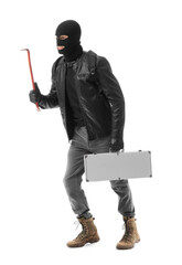 Male thief with crowbar and case on white background