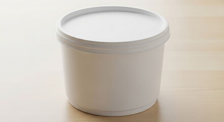 A white plastic container with a lid sits on a light wooden surface, casting a subtle shadow.