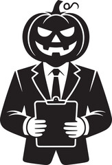 Pumpkin Head Man in Suit Holding Clipboard Halloween Character Icon Vector Illustration