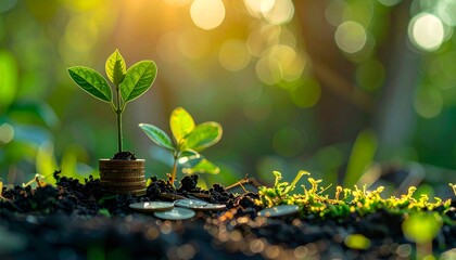 A sending is growing on a coin iying on the graund, Green Investment concept,Rising money to Invest.financial growth concecept.
