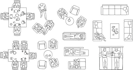 Top-down architectural drawings of furniture and people for interior design and space planning
