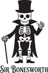 Sir Bonesworth skeleton on isolated background with top hat cane and text bony Halloween