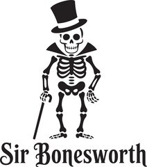 Sir Bonesworth Skeleton Top Hat Cane Character Logo Vector Illustration