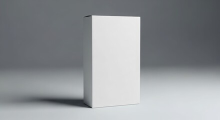 Blank white cardboard box, studio shot, product mockup, packaging design, isolated on gray background.