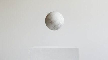 Delicate marble ball hovers gracefully above pristine white pedestal, creating serene and minimalist aesthetic. soft lighting enhances smooth texture and subtle veining of marble, evoking sense