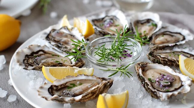A platter of fresh oysters on ice with lemon wedges and rosemary in a glass bowl ready to be eaten