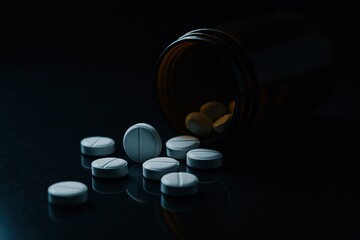 Spilled opioid painkillers from amber bottle on reflective glass with harsh shadows dramatic low key lighting symbolizing addiction crisis overdose and danger