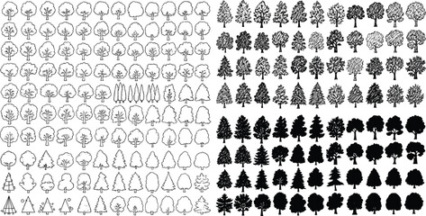 A comprehensive collection of various tree icons, presented in both black silhouette and clean outline styles for graphic design elements