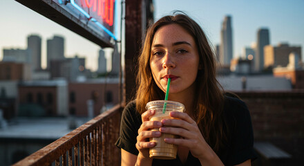 Woman drinking iced coffee on rooftop with city skyline view in urban setting lifestyle and casual style
