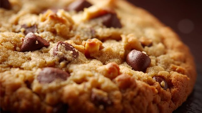 A close up shot of a chocolate chip cookie with visible texture and chocolate pieces on top of it