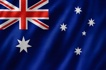 Realistic Australia Flag Waving in the Wind – Glossy Fabric with Union Jack, Commonwealth Star, and Southern Cross


