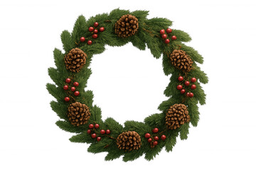 Fototapeta premium Christmas wreath decorating holiday season, evergreen pinecones and red berries on a transparent background