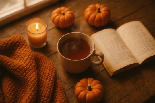 Warm autumn hygge still life with tea candle pumpkins open book knitted blanket rustic wood table cozy home decor seasonal thanksgiving vibes