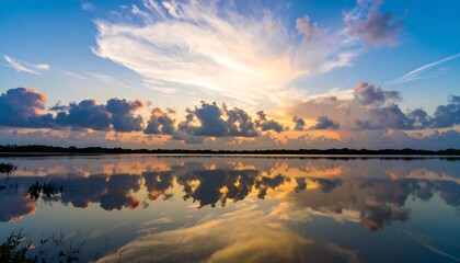 Sunrise over a still water reflecting clouds
