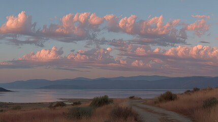Fototapeta premium Pastel Pink Clouds Over Distant Hills at Sunset